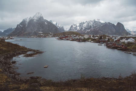 Norway mountain on the islands Lofoten. Natural scandinavian landscape. Place for text or advertising.の写真素材