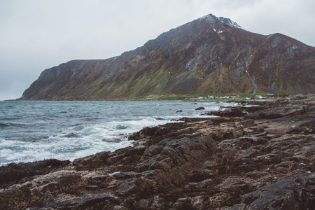 Norway mountain on the islands Lofoten. Natural scandinavian landscape. Place for text or...