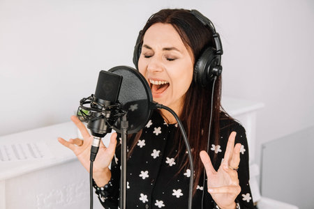 Portrait of beautiful woman in headphones sings a song near a microphone in a recording studio .. Place for text or advertising.の写真素材
