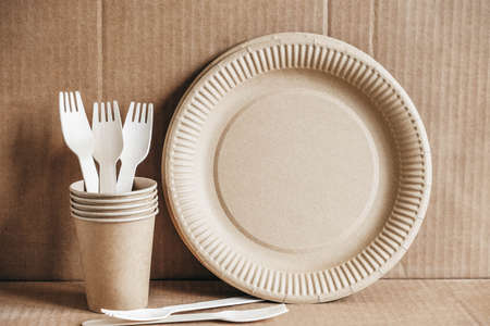 Wooden forks and paper cups with plates on wooden background. Eco friendly disposable tableware. Also used in fast food, restaurants, takeaways, picnics. Top view. Copy, empty space for text.の写真素材