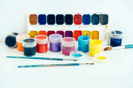 Watercolor paints on a white background. Copy, empty space for text.の写真素材