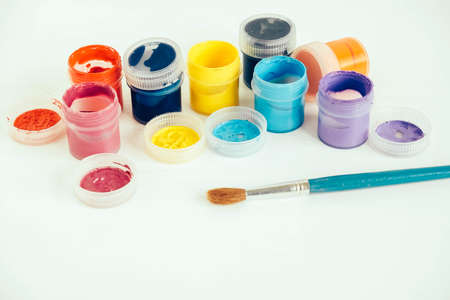 Watercolor paints on a white background. Copy, empty space for text.の写真素材