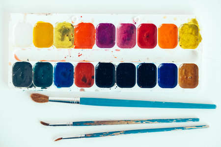 Watercolor paints on a white background. Copy, empty space for text.の写真素材