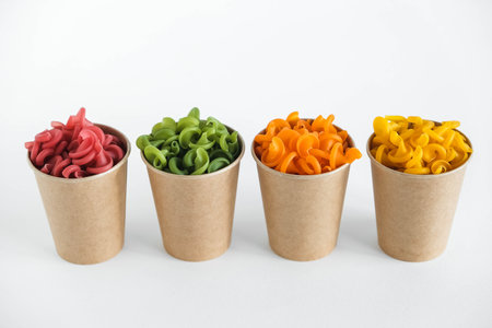 Multicolored pasta in a disposable kraft paper cups scattered on a white background. Copy, empty space for text.の写真素材