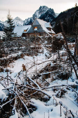 Winter landscape of a wooden house on a background of snow-covered forest and mountains. Place for text or advertising.の写真素材