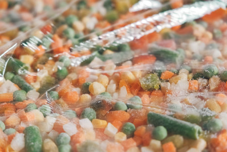 Mix of frozen vegetables as a background texture. Copy, empty space for text.の写真素材