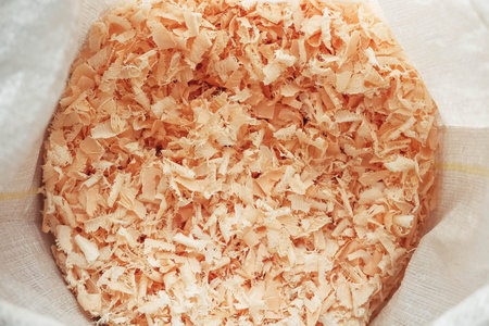 Wood shavings in a bag. Copy, empty space for text.の写真素材