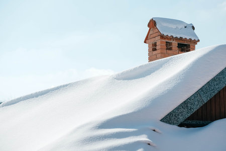 Snowy roof and red brick chimney in background of blue sky. Copy, empty space for text.