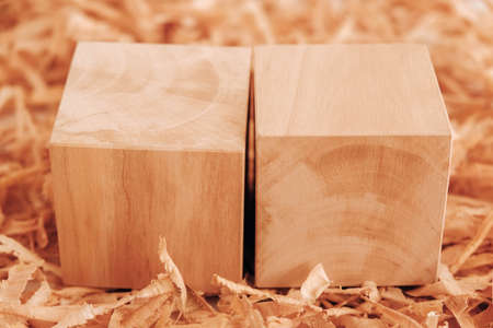 Two wooden blocks on a background of wood chips. Copy, empty space for text.の写真素材