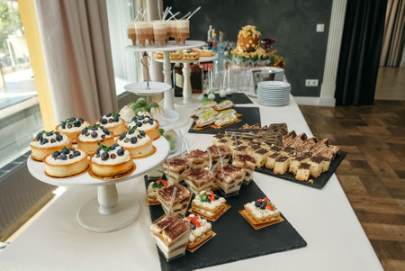 Sweets cakes with berries and with cakes and other desserts on banquet table.の写真素材