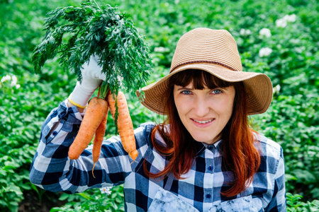 Portrait of a beautiful woman farmer holds a bunch of carrots in a straw hat and surrounded by the many plants in her vegetable garden.の写真素材