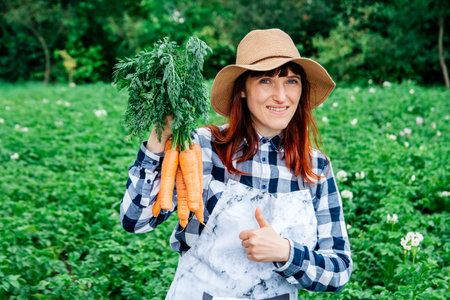 Portrait of a beautiful woman farmer holds a bunch of carrots in a straw hat and surrounded by the many plants in her vegetable garden.の写真素材