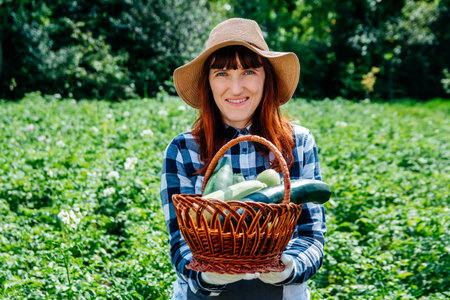 Portrait beautiful female farmer holds a zucchini in a wicker basket wearing a straw hat and surrounded by the many plants in her vegetable garden.の写真素材