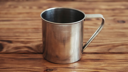 Metallic cup mug on a wooden table background.