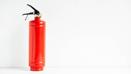 Red fire extinguisher on a white background.の写真素材