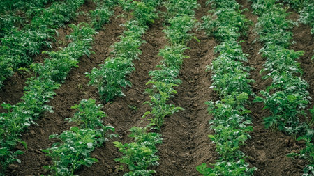Young potato plants growing from ground on a background of vegetable garden.