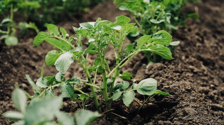 Young potato plants growing from ground on a background of vegetable garden.の写真素材