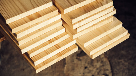 Stacked wooden carpentry boards from natural wood in a woodworking industry.
