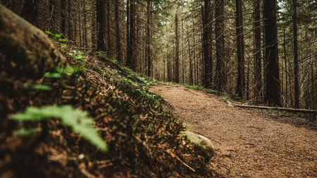 Tourist mountain trail in a pine forest.の写真素材