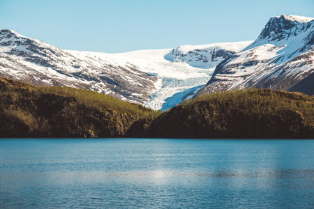 Lake Svartisvatnet in Helgeland in Norway, from Svartisen glacier.の写真素材