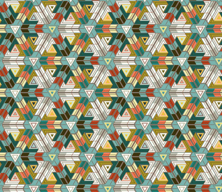 Seamless pattern of geometric elements arranged on teal background