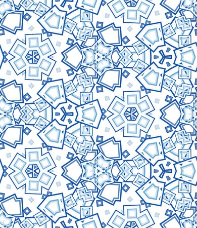 Blue kaleidoscope seamless pattern. Geometric abstraction on white background.のイラスト素材