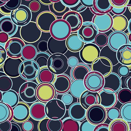 Seamless pattern, background, texture. Colored geometric elements of a round shape. Randomly scattered rings and circles.のイラスト素材