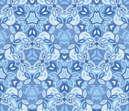 Blue kaleidoscope seamless pattern, background. Composed of abstract shapes. Useful as design element for texture and artistic compositions.のイラスト素材