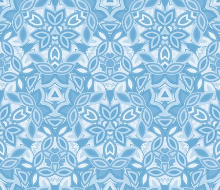 Blue kaleidoscope seamless pattern, background. Composed of abstract shapes. Useful as design element for texture and artistic compositions.のイラスト素材