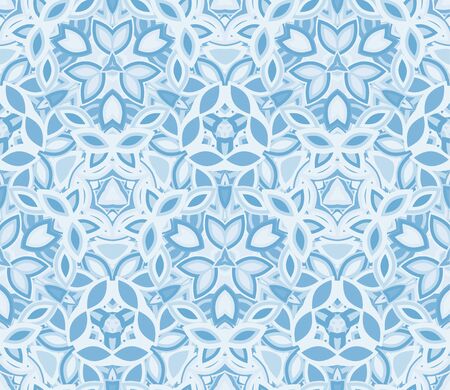 Blue kaleidoscope seamless pattern, background. Composed of abstract shapes. Useful as design element for texture and artistic compositions.のイラスト素材