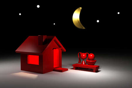 3d model house. Boy and girl in night.の写真素材