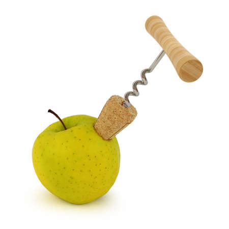 Yellow apple and cork. Concept fresh wine or drinkの写真素材