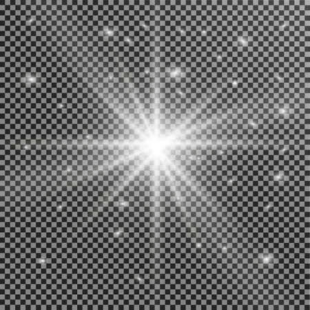 Set of golden glowing lights effects isolated on transparent background. Sun flash with rays and spotlight. Glow light effect. Star burst with sparkles.のイラスト素材