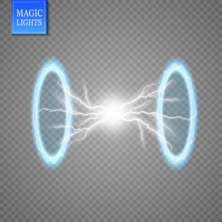 Magic fantasy portal. Futuristic teleport. Light effect. Blue candles rays of a night scene with sparks on a transparent background. Empty light effect of the podium. Disco club dancefloor.のイラスト素材