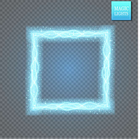 Magic fantasy portal. Futuristic teleport. Light effect. Blue candles rays of a night scene with sparks on a transparent background. Empty light effect of the podium. Disco club dancefloor.のイラスト素材