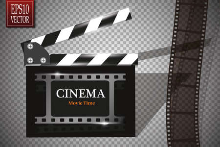 Cinema festival flyer or poster with movie reel and clapper board. Vector illustration of film industry. Template for your design.のイラスト素材