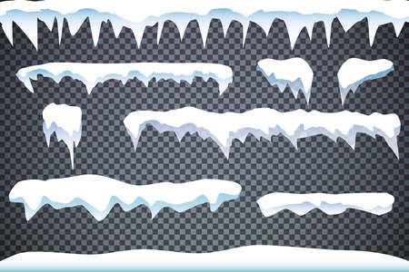 Set of snow icicles, snow cap isolated. Snowy elements on winter background. Vector template in cartoon styleのイラスト素材
