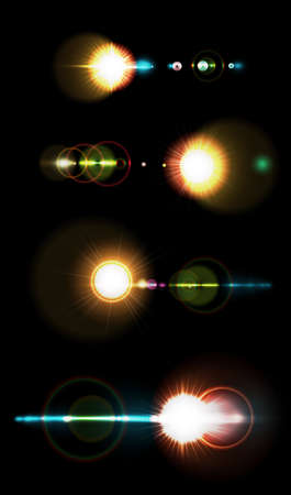 A set of colored solar lens flare a translucent special design of the light effect. A vector blur in the light of radiance. Isolated transparent background. Element of decor. Horizontal rays of light.のイラスト素材