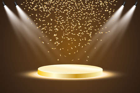 Golden podium with a spotlight on a dark background, with fog and confetti, the first place, fame and popularity. Vector illustration.のイラスト素材