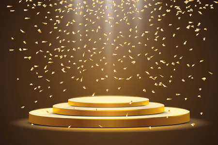 Golden podium with a spotlight on a dark background, with fog and confetti, the first place, fame and popularity. Vector illustration.のイラスト素材