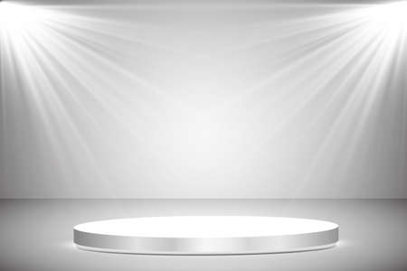 Round podium, pedestal or platform illuminated by spotlights on grey background. Stage with scenic lights. Vector illustrationのイラスト素材