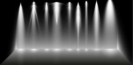 Set of searchlights on a black background. Bright lighting with spotlights. The searchlight is white.のイラスト素材