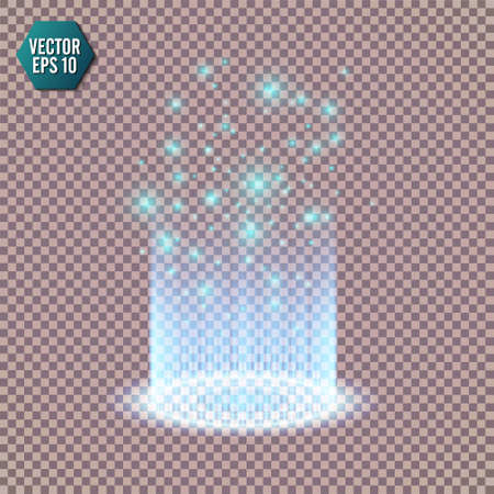 Magic fantasy portal. Futuristic teleport. Light effect. Blue candles rays of a night scene with sparks on a transparent background. Empty light effect of the podium. Disco club dancefloor. Vectorのイラスト素材