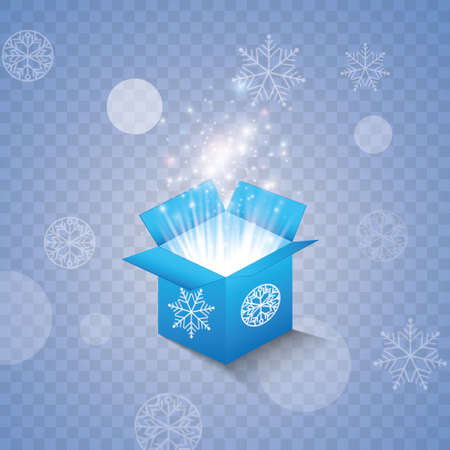 Set of magic gift boxes on a blue background, snow and icicles, magic for Christmas and New Year, birthday, illustrations, gift, postcard, congratulation, vector graphics. Vectorのイラスト素材