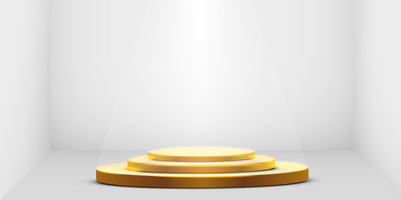 Round golden podium, pedestal or platform illuminated by spotlights on white background. Platform for design. Realistic 3D empty podium. Stage with scenic lightsのイラスト素材