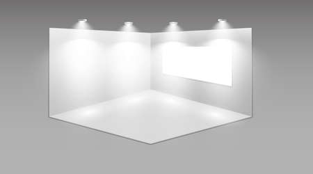 3D exhibition booth. White empty promotional stand with desk. Vector white empty geometric square. Presentation event room display. Blank box templateのイラスト素材