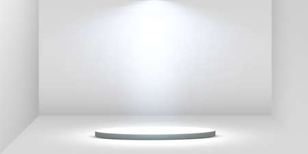 Round podium, pedestal or platform illuminated by spotlights on white background. Platform for design. Realistic 3D empty podium. Stage with scenic lightsのイラスト素材
