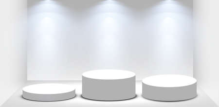 Round podium, pedestal or platform illuminated by spotlights on white background. Platform for design. Realistic 3D empty podium. Stage with scenic lightsのイラスト素材