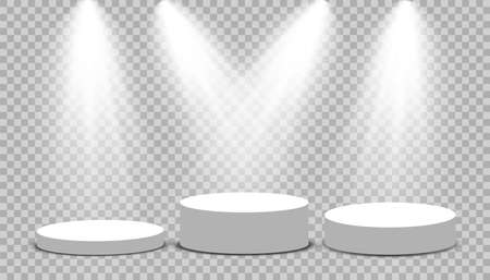 Round podium, pedestal or platform illuminated by spotlights on transparent background. Platform for design. Realistic 3D empty podium. Stage with scenic lightsのイラスト素材