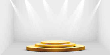 Round golden podium, pedestal or platform illuminated by spotlights on white background. Platform for design. Realistic 3D empty podium. Stage with scenic lightsのイラスト素材